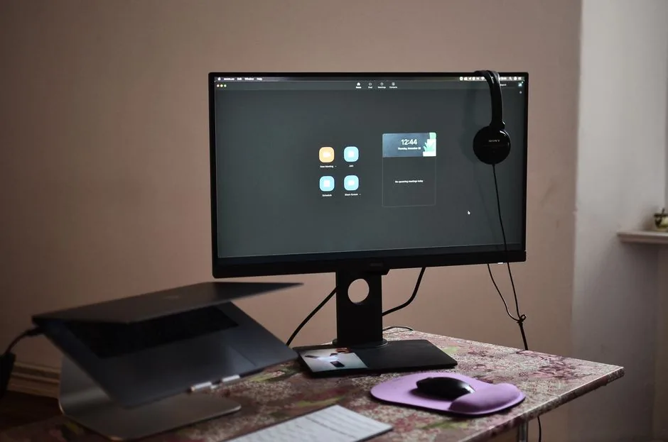 Contemporary computer with headphones hanging on monitor placed on table with laptop keyboard and mouse at convenient workplace in room
