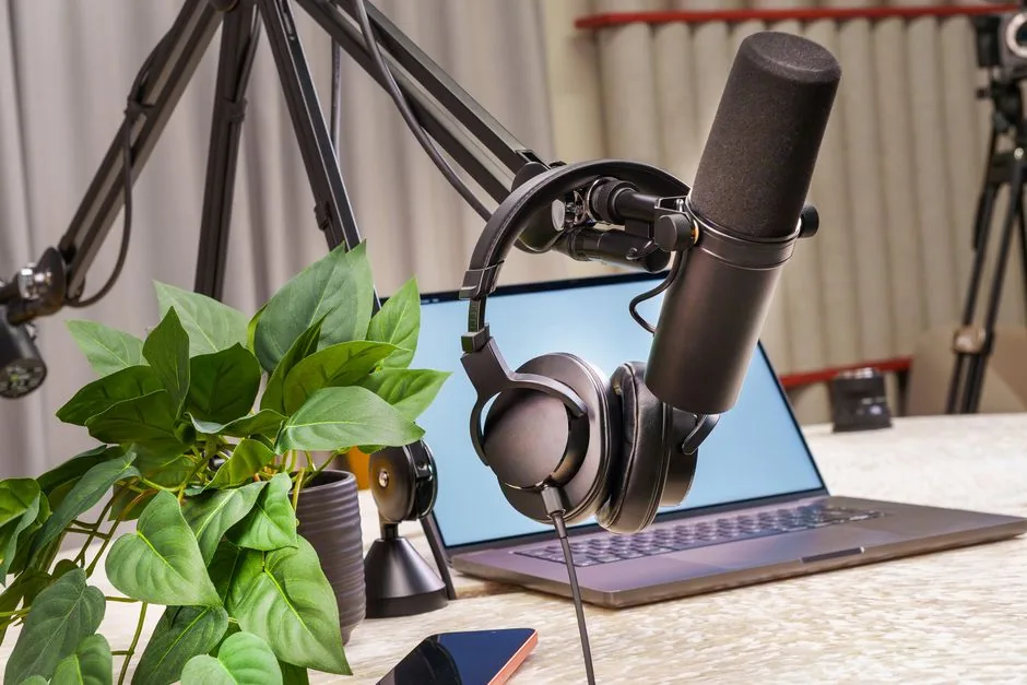 A modern podcast studio setup with a microphone, headphones, and laptop, ideal for media production and online broadcasting.
