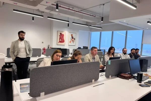 Team of professionals working in a modern office setting with computers and open workspace.