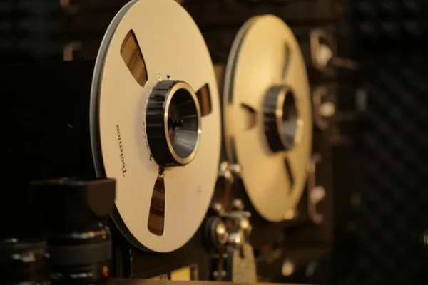 Close-up of a vintage reel-to-reel tape recorder in a professional audio recording studio.